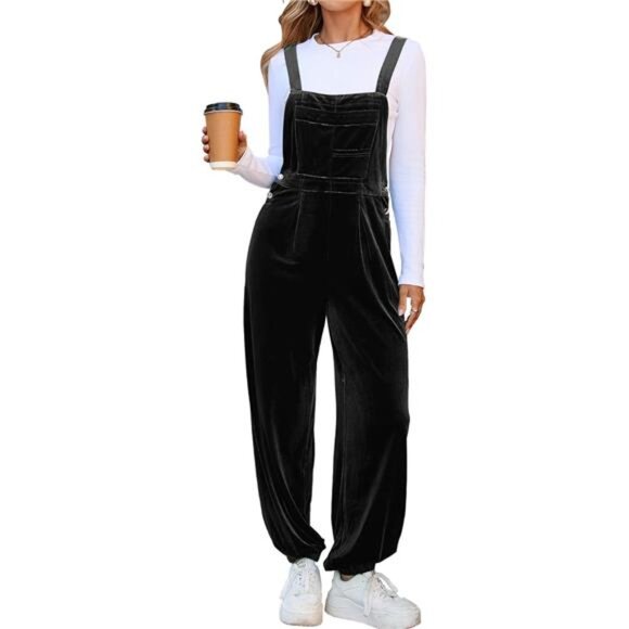 Women's Velvet Overall Dressy Casual Loose Fit Sleeveless Overall Jumpsuit - Picture 1 of 7